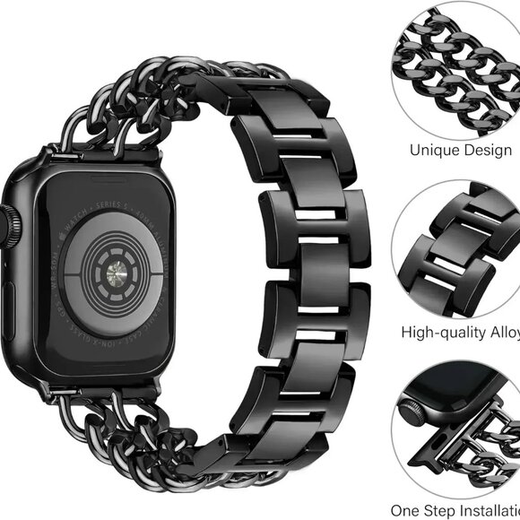 Apple Watch Band Adjustable Stylish Strap Silver Stainless Chain - Black - Picture 6 of 9